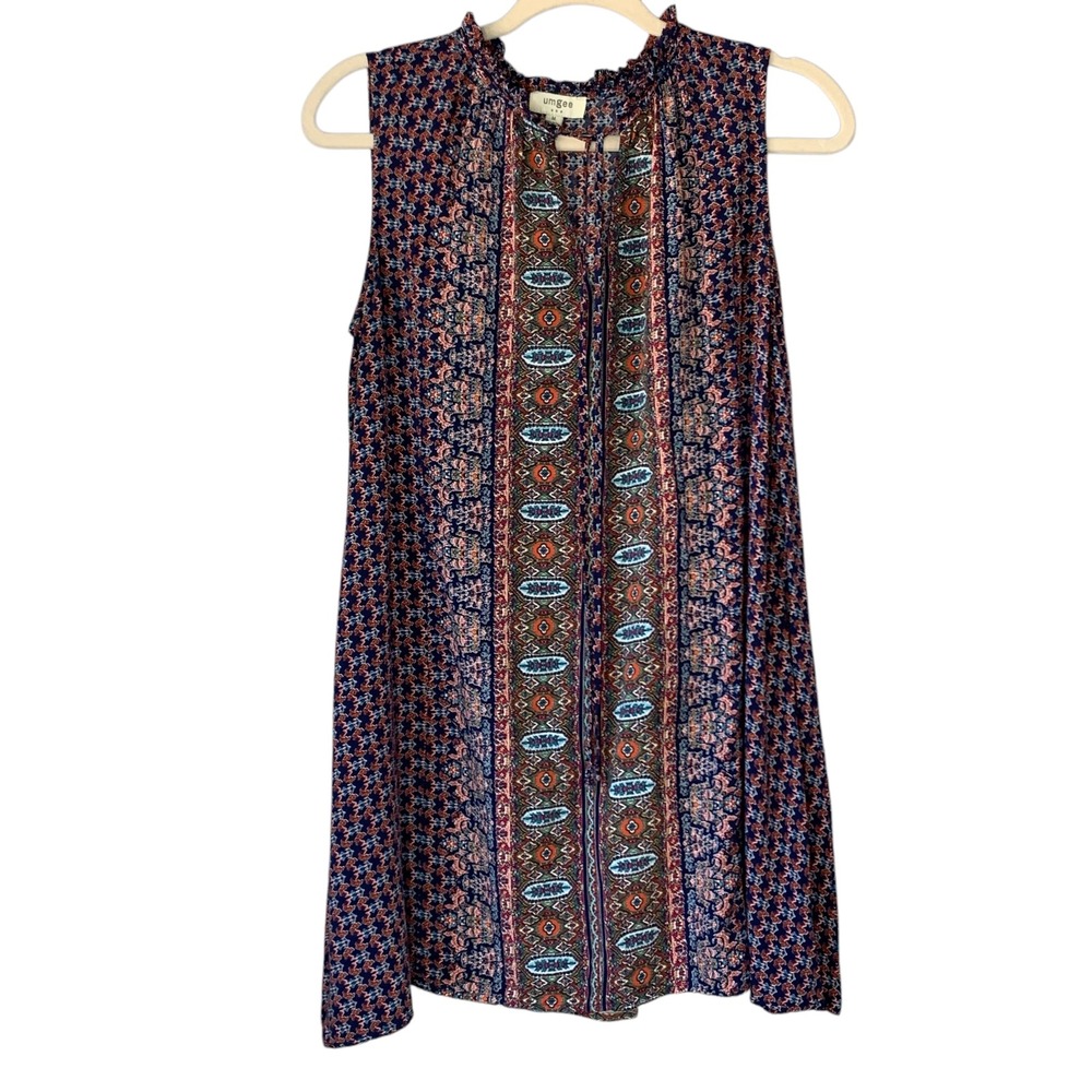 UMGEE navy floral paisley split vneck w tie boho mini dress. Size M‎